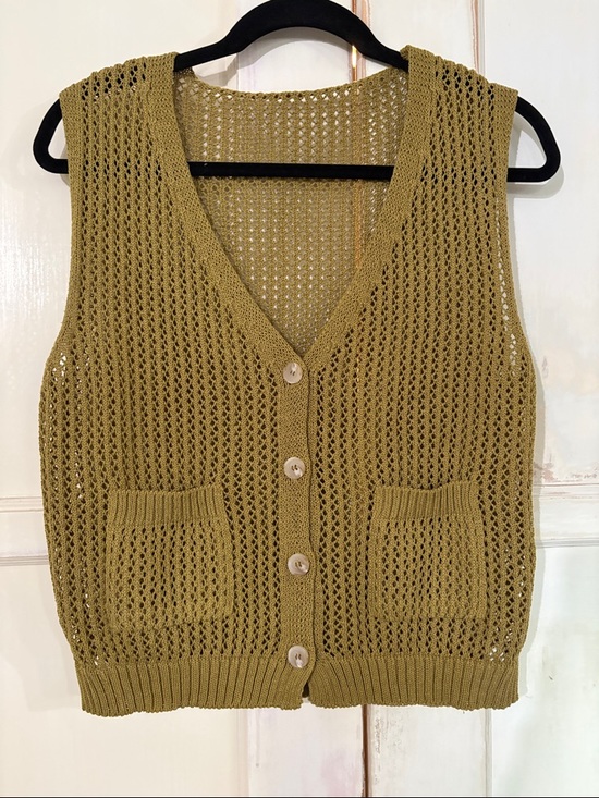 Sweaters - Open-Knit V-Neck Sleeveless Cardigan Vest - Olive